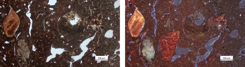 Micrografia di una sezione sottile di ceramica: a sinistra a polarizzatori paralleli, a destra a polarizzatori incrociati.